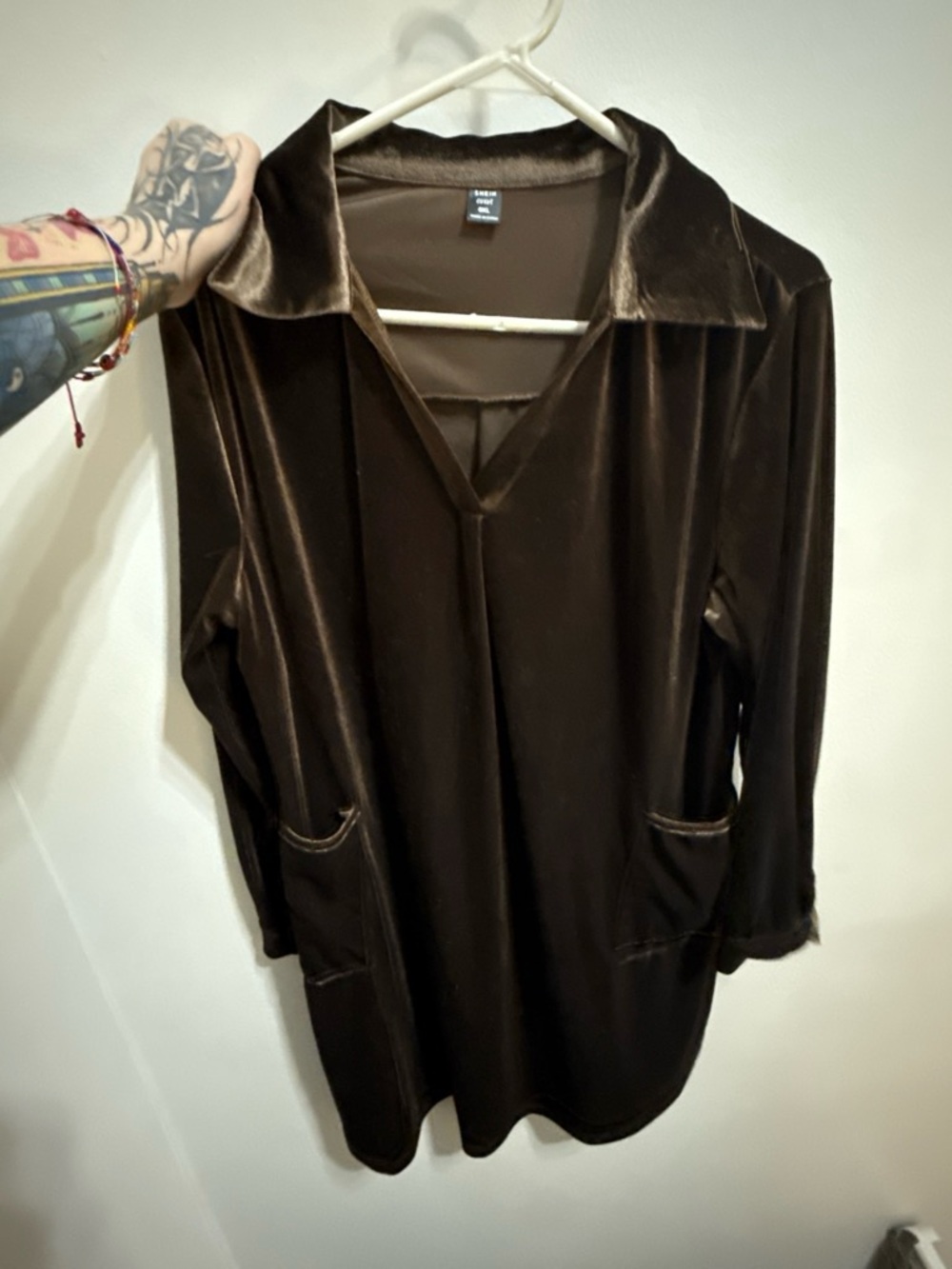 SHEIN Brown Velvet V-Neck Tunic with Pockets